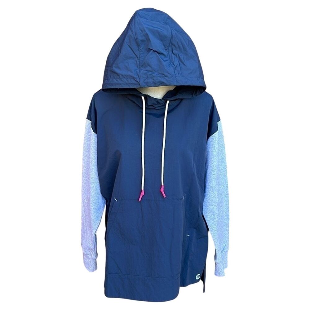 Johnny Was CALME Mix Media Nylon Hooded Pullover Hoodie Women's Small Blue Gray